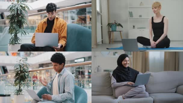 Multi Collage Diverse Arabian African Caucasian Freelancer People Use Laptop — Vídeos de Stock