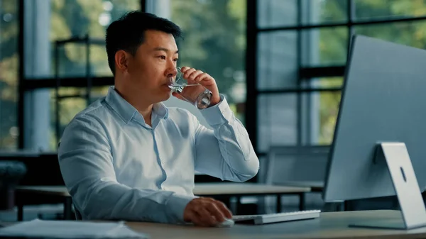 Asian Korean Man Drink Glass Cold Fresh Water Keep Health — Stock Photo, Image