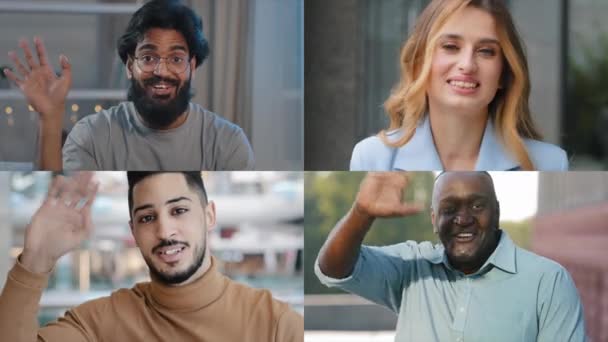 Κολάζ Απευθείας Σύνδεση Συνομιλία Βίντεο Τέσσερις Επιχειρηματίες Φίλους Split Multi — Αρχείο Βίντεο