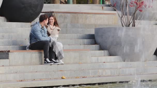 Young Teenage Married Couple Lovers Caucasian Family Sit Urban Stairs — Vídeos de Stock