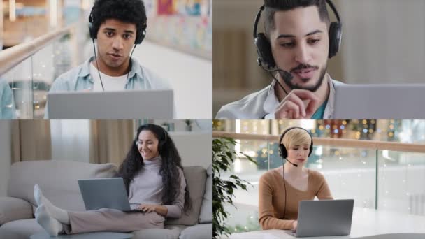 Online Video Call Multiracial Group Diverse Ethnic People Headphones Men — Stock Video