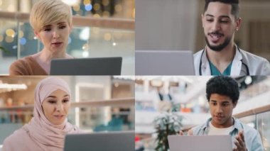 Çevrimiçi çağrı, doktor doktorla sanal tıbbi istişare, grup video konferansında çok ırklı kadınlara ve erkeklere tavsiye veriyor ve iş arkadaşları bilgisayar kamerası bölünmüş ekran konsepti kullanıyor