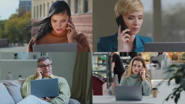 同僚とのオンラインビジネスミーティングビデオ通話ノートパソコンで説明会同僚の携帯電話のコラージュ多様な民族の女性と会議の距離接続を介して通信男 — ストック動画