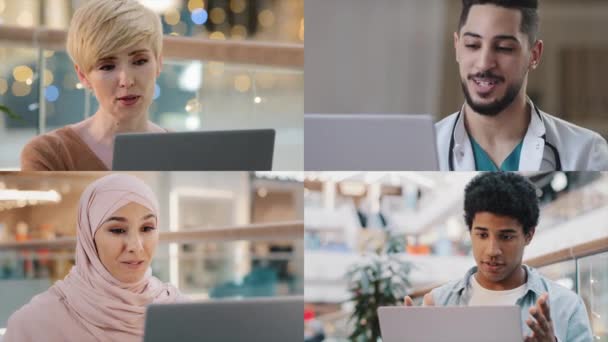 医師とのオンライン通話仮想医療相談医療は アドバイスを与える多人種の女性と男性グループビデオ会議でチャット民族の同僚は コンピュータのウェブカメラ分割画面の概念を使用しています — ストック動画