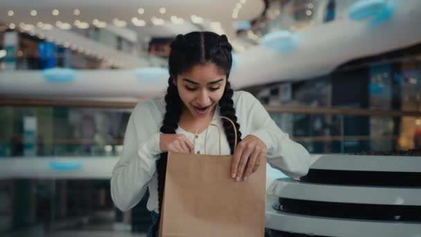 Genç Kız Alışverişkolik Güzel Kadın Müşteri Mutlu Müşteri Alışveriş Merkezinden — Stok video
