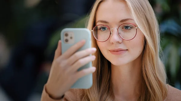 Portrait Caucasian Girl Blonde Woman Lady Female Glasses Looks Smartphone — Stock Photo, Image