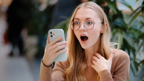 Portrait Caucasian Girl Blonde Successful Lucky Woman Glasses Looks Screen — Stock Photo, Image