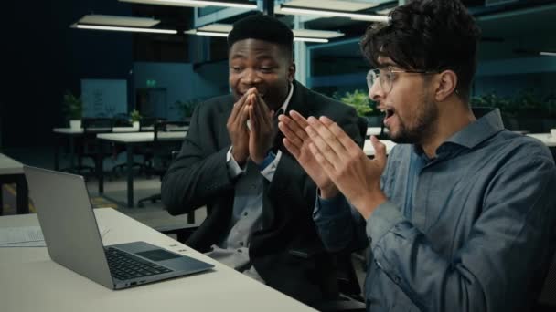 Happy Colleagues Businessmen Male Winners Work Laptop Win Online Bet — Stock Video