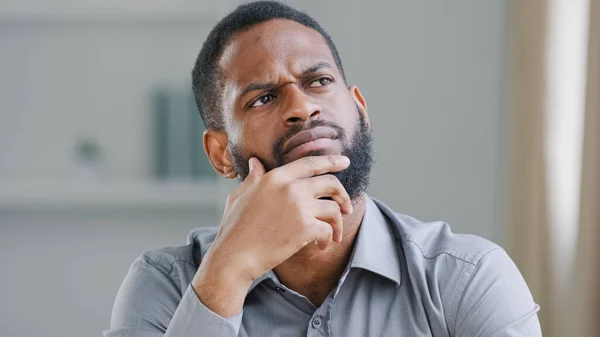 Pensive Ethnic Bearded African American Man Thinking Businessman Searching Solution — Stok fotoğraf