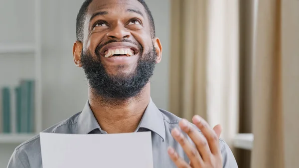 Happy Ethnic Winner Office Worker African Businessman Ethnic Bearded American — Stok fotoğraf