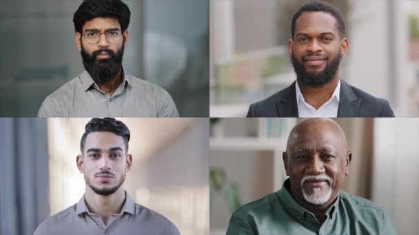 Close Diverse Multiethnic Men Different Ages Looking Camera Serious Successful — Vídeos de Stock
