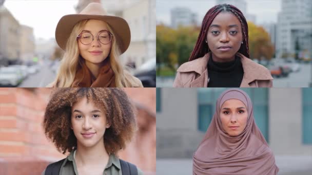 Split Screen Collage Close Beautiful Pretty Diverse Young Women Looking — Vídeo de stock