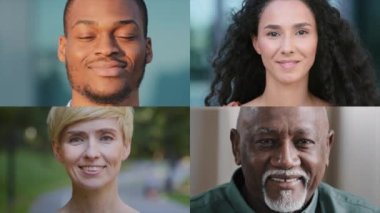 Split screen collage close-up portraits diverse multiethnic people different ages group happy men women pleased customers clients looking at camera smiling satisfied with service young mature persons