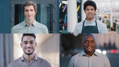 Split screen collage male portraits smiling happy joyful diverse multiethnic men students satisfied clients businessmen different ages group people posing looking at camera close-up remote video chat