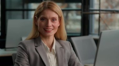 Headshot close up business portrait female smiling businessperson Caucasian adult middle-aged businesswoman happy with career corporate achievement woman employee entrepreneur executive with computer