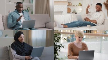 Collage screen video conference business multiethnic people african man and arabian woman freelancer chatting online by computer virtual meeting use wireless connection internet call distant teamwork