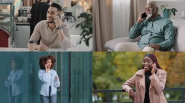 Diverse ethnic group multiracial business people colleagues friends partners men and women talk mobile phone use wireless cell connection chatting online modern montage technology split screen concept