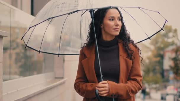 Caucasian Hispanic Calm Serious Female Tourist Girl Inspired Dreaming Woman — Stock Video