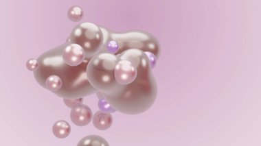 3D render animation motion design presentation wallpaper metaverse. White abstract metasphere liquid shape moving deformation transition to meta balls bubbles drops pearls molecules on pink background