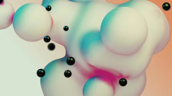 液体动画运动中的白色元球漂浮球滴气泡球变形球变形空间橙色背景黑色小珍珠豆3D使抽象动画变色 — 图库照片