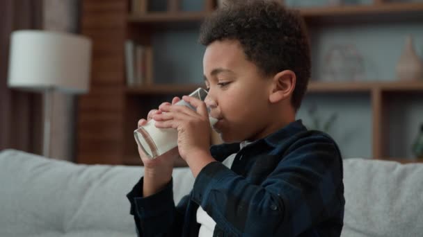 ヘッドショット面白いかわいい7 Sの子供アフリカ系アメリカ人の少年の息子は 午前中に甘い有機ヨーグルトのガラスを飲んでカメラを見て健康的な飲料子供の医療を楽しんでミルクドリンクを楽しむ — ストック動画