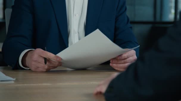 Close Unrecognizable Caucasian Man Client Customer Businessman Employee Signing Employment — Stok video