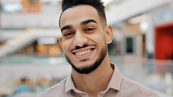 Male portrait close up headshot Indian man bearded Ethnic guy looking at camera smiling flirting adult bearded smile male entrepreneur friendly businessman company CEO boss manager worker indoors