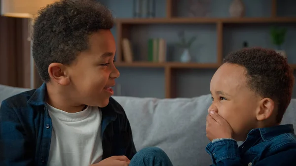Two Little Boys Friendly Talking Laughing Home Ethnic African American — Fotografia de Stock