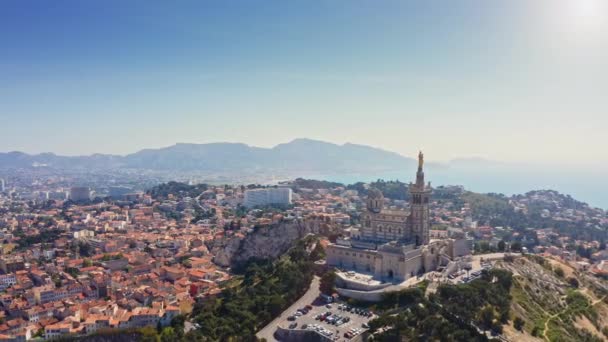 Drone Flight Aerial Top View Europe Town Marseille Famous Touristic — Vídeos de Stock