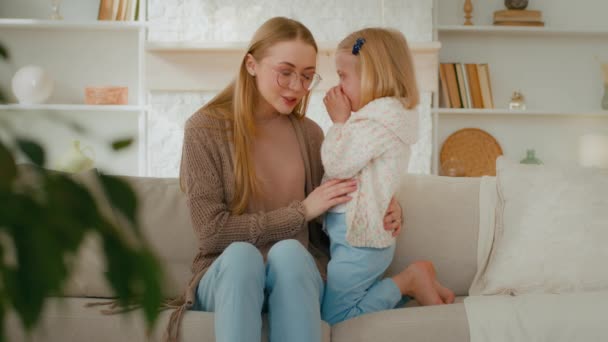 Caucasian Mother Babysitter Listens Little Daughter Kid Baby Child Girl — Stockvideo
