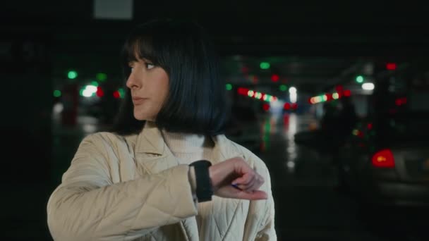 Anxious Worried Sad Caucasian Woman Looking Parking Lot Look Wristwatch — Stockvideo