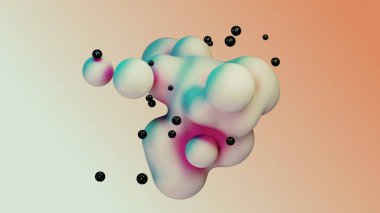 Liquid fluid dynamic abstract animated white metaball floating spheres blobs drops bubbles in transition deformation beige background with black little pearls 3d render for presentation business adds
