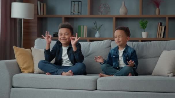 2つの面白い小さなアフリカ系アメリカ人の民族の子供の男の子の兄弟の兄弟の子供一緒にソファの上にハスの位置に座って瞑想 小さな男の子が瞑想する 精神的な開発ヨガ瞑想 — ストック動画