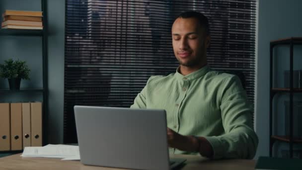 Happy Latin American Man Finished Work Laptop Satisfied Young Businessman — Video Stock