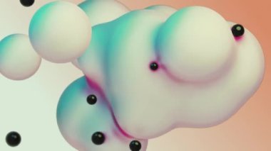 Liquid animated moving white meta ball floating spheres blob drops bubbles metaball metasphere deformation space orange background with black little pearls beans 3d render abstract animation metaverse