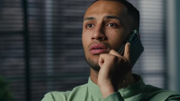 Serious Worried Excited Latin American Man Talking Mobile Phone Sad — Stockvideo
