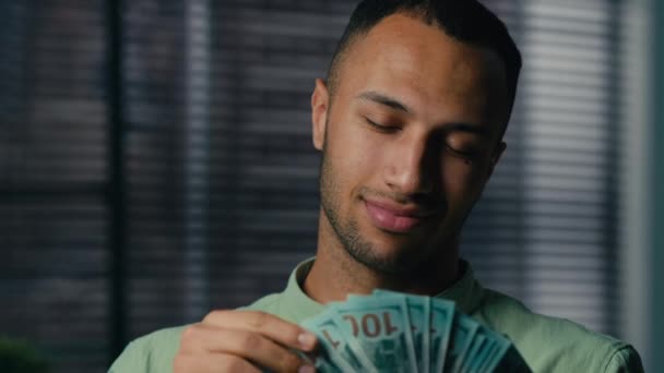 Close Happy Rich African American Man Counting Money Indoors Successful — Stockvideo