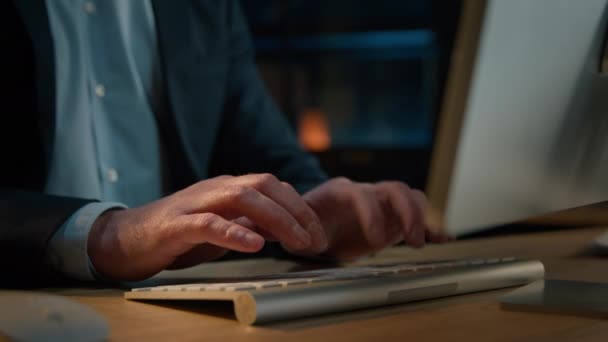 Close Hands Unknown Caucasian Man Typing Wireless Keyboard Working Online — Vídeo de stock