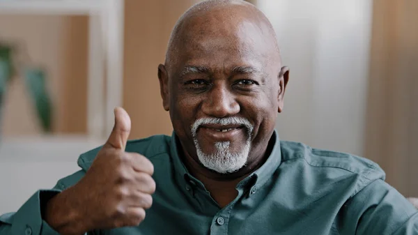 Portrait of happy old male ethnic elderly African American man show like agree support gesture senior businessman showing thumb up positive answer looking at camera approval agreement recommendation