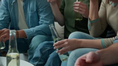 Cropped view group team people adult male female friends students women and men drinking bottled beer alcohol drink eat pizza diverse companions sit at festive table cafe pub celebrate spend weekend