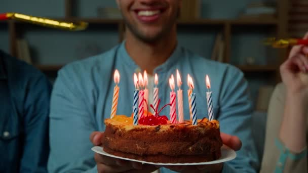 Cropped View African American 30S Man Hold Birthday Cake Burning — стокове відео