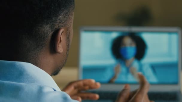 Laptop Screen View Shoulder African American Man Sick Ill Businessman — стоковое видео
