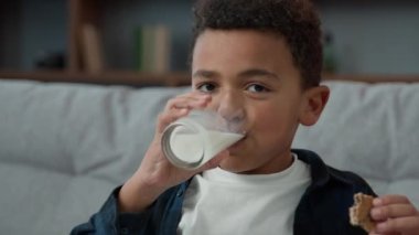 Close up portrait little funny cute kid boy ethnic child drink milk with cookies at home looking to camera. African American son drinking glass of sweet organic yogurt eating biscuit breakfast eat