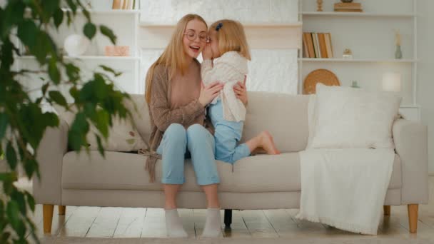 Caucasian Family Living Room Woman Mother Babysitter Listen Secret Little — Stockvideo
