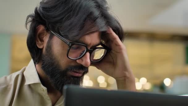 Arabian Indian Ethnic Bearded Unhappy Man Unhealthy Guy Businessman Eyeglasses — Stock video