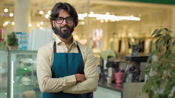 Successful Small Business Owner Bearded Indian Arabian Man Eyeglasses Standing — Stockvideo