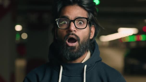 Close Indian Shocked Wonder Man Eyeglasses Looking Camera Big Eyes — Stockvideo