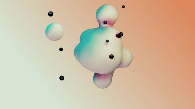 Liquid fluid dynamic abstract animated white metaball floating spheres blobs drops bubbles in transition deformation beige background with black little pearls 3d render for presentation business adds