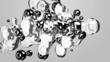 3D render motion design animation abstract liquid aqua grey gray white black silver metaball transformation. Mercury bubbles meta balls metal transition deformation. Cosmetology medicine background