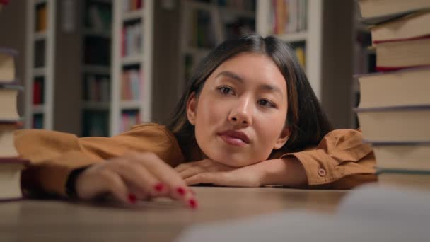 Tired Pensive Young Asian Woman Lying Desk Books Preparing Examination — Vídeo de stock